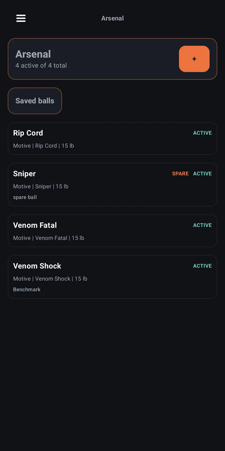 StrikeIQ arsenal screen listing four bowling balls with active status, spare ball flag, brand, and weight