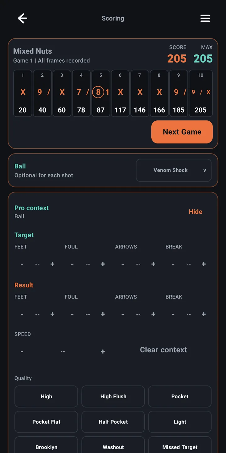 StrikeIQ Pro context panel with target and result board steppers, speed control, and shot quality presets like High Flush, Pocket, and Brooklyn