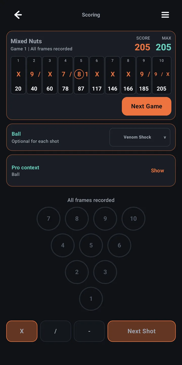 StrikeIQ scoring screen showing a 205 game with frame-by-frame strike and spare marks, split detection, pin deck, and ball selector