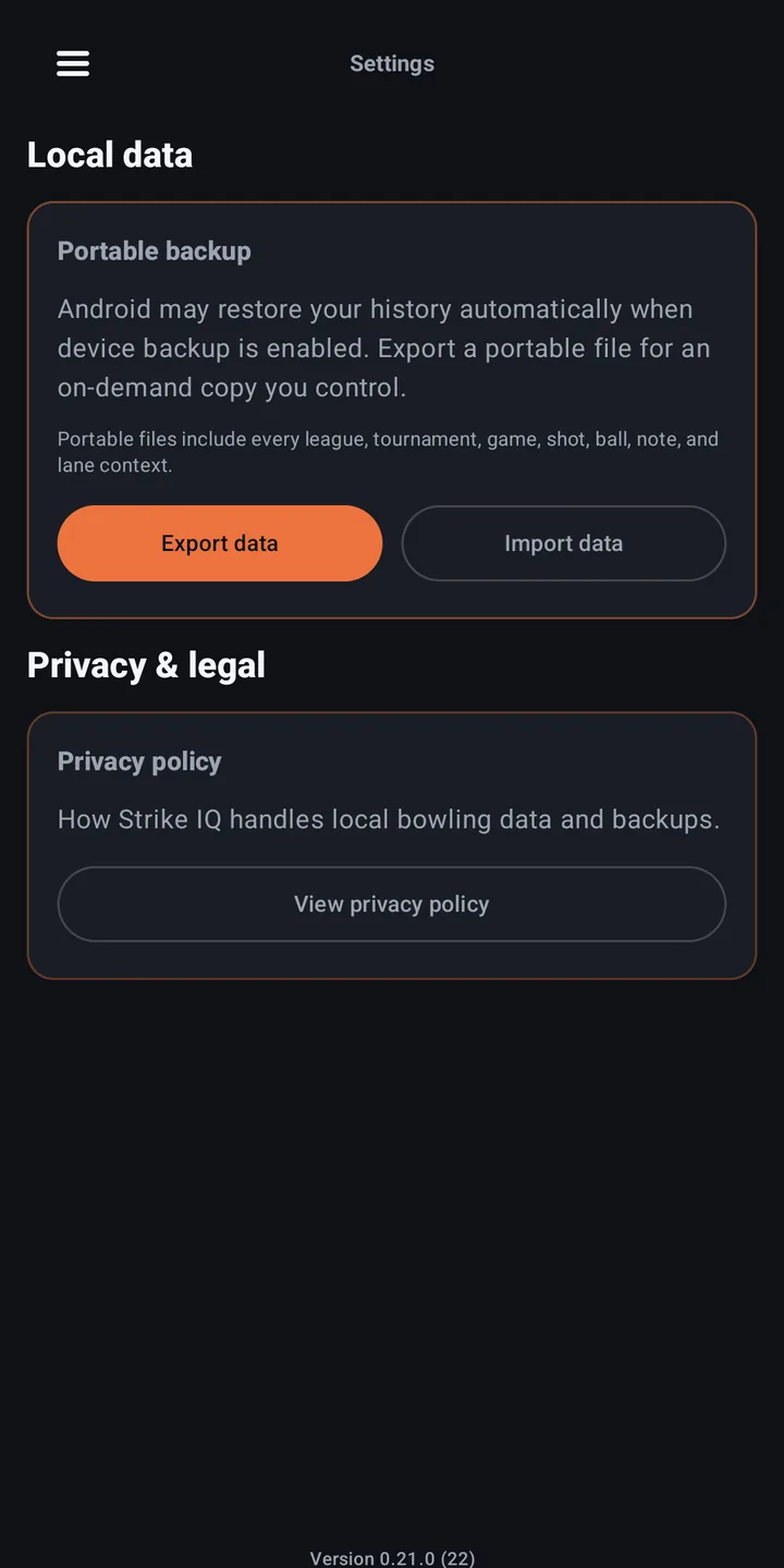 StrikeIQ settings screen with portable backup export and import controls and the privacy policy section